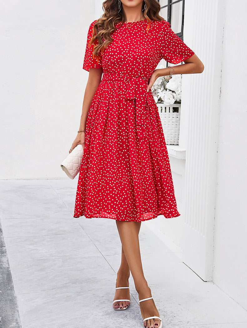 A-Linien-Kleid mit Rundhalsausschnitt und Retro-Polka-Dots-Print