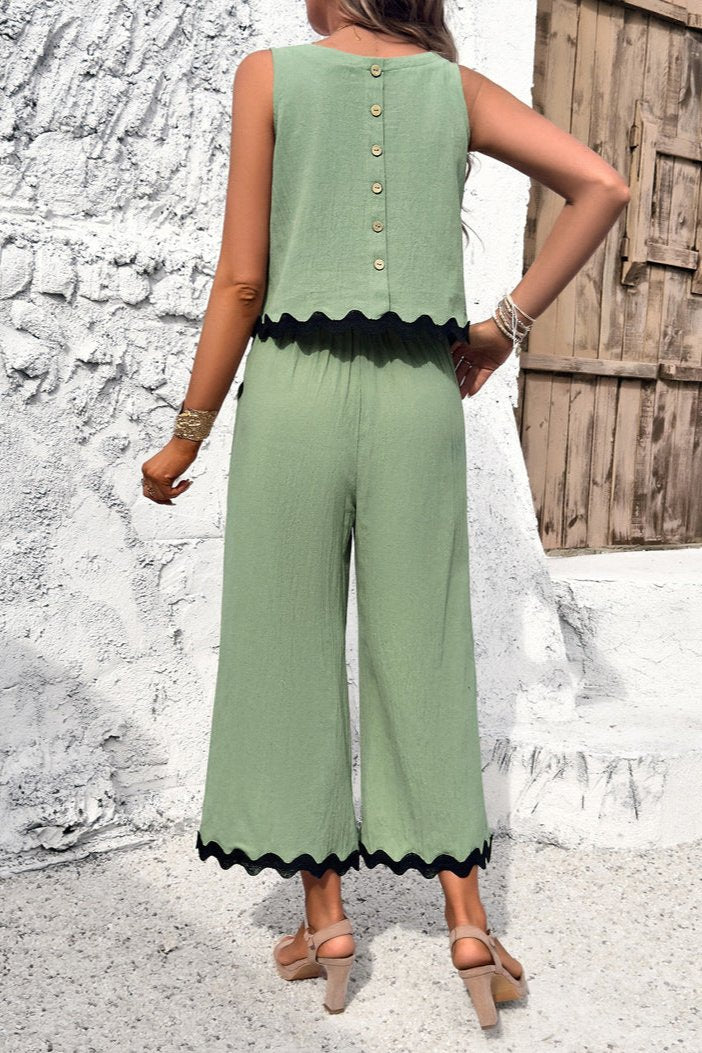 Green Summer Wavy Hem Sleeveless Top and Pants Set