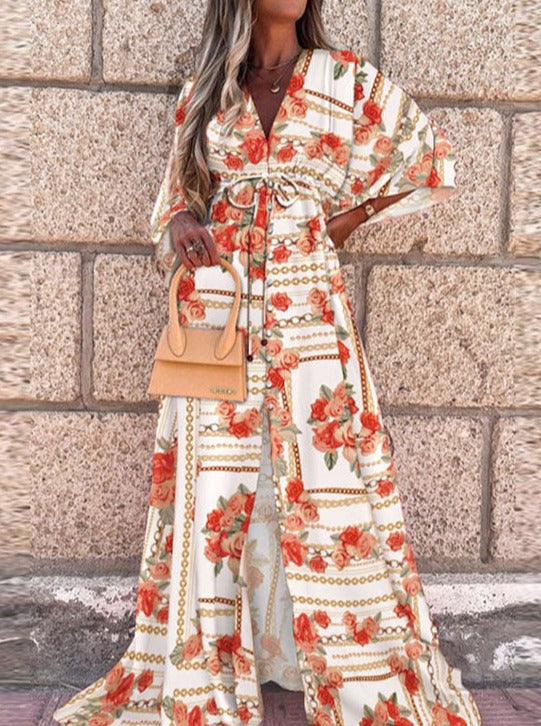 Orange Floral Printed V-Neck Lace-up Long Dress