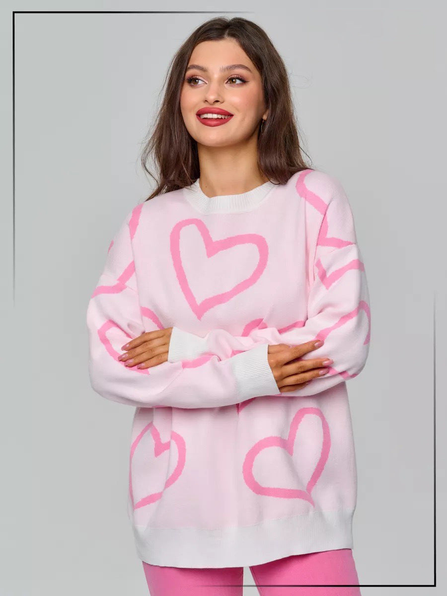 Romantischer, lässiger Pullover mit Herz-Print