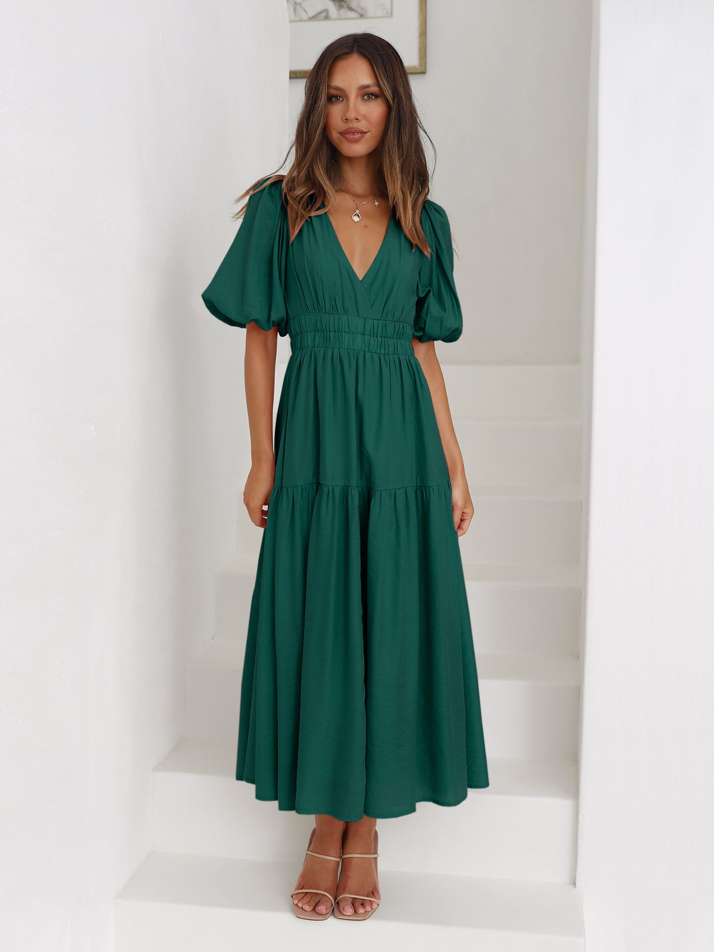 Dark Green Deep V-Neck Puff Sleeve Layered Dress