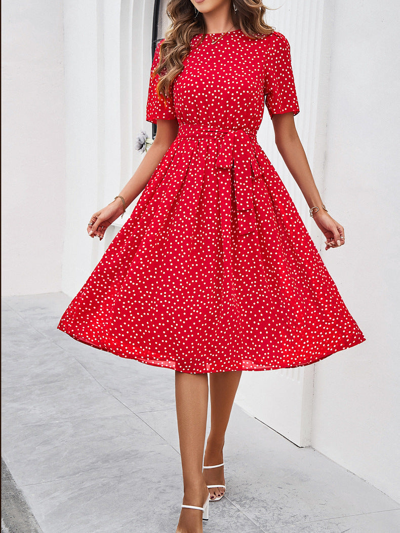 A-Linien-Kleid mit Rundhalsausschnitt und Retro-Polka-Dots-Print