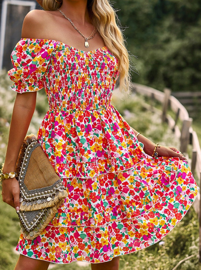 Pink V-Neck Off Shoulder Floral Printed Cake Skirt Dress