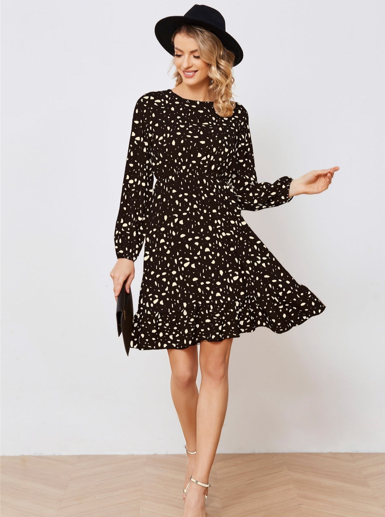 Floral Long Sleeve Temperament Waist Dress