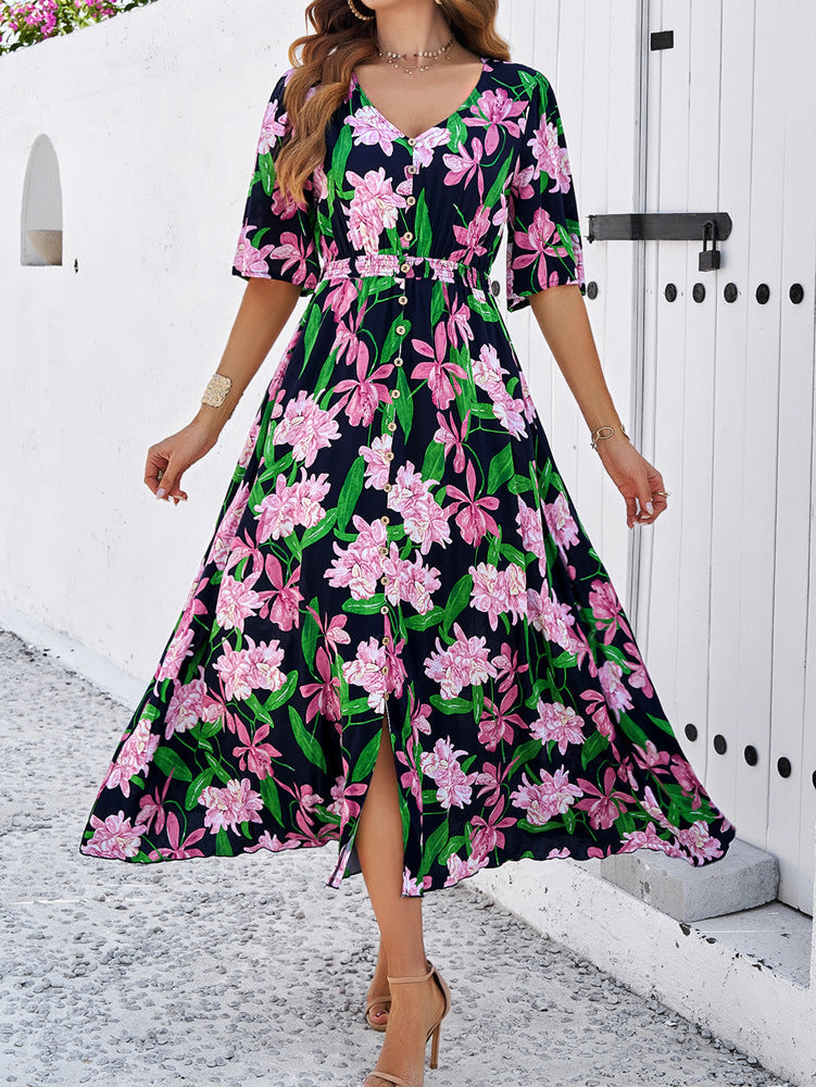 Navy Blue Floral Printed Large Swing Dress