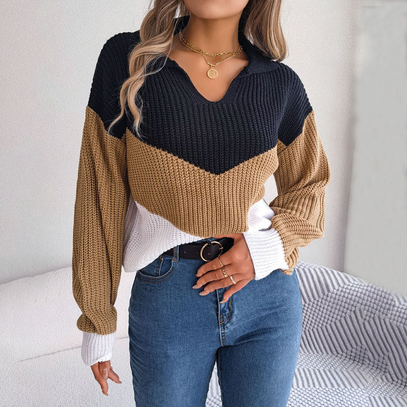 Stylischer Color-Block-V-Ausschnitt-Pullover Für Frauen