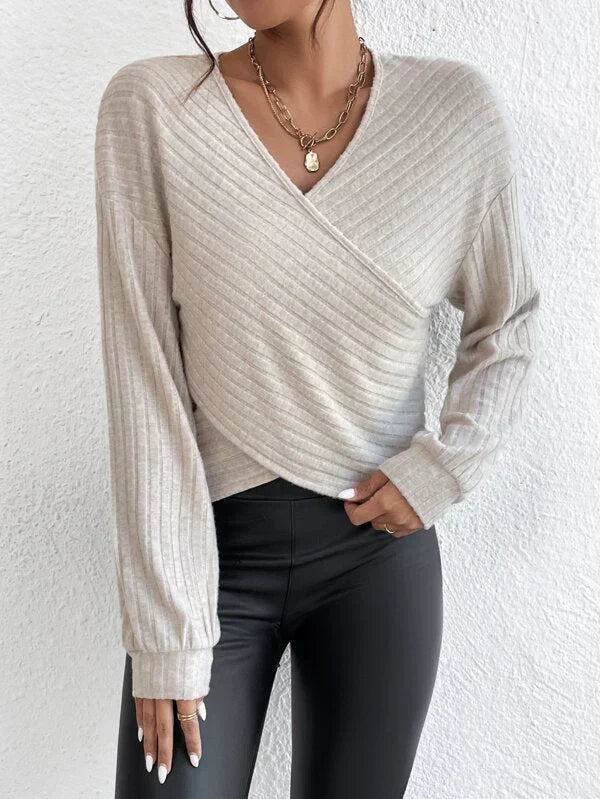 Eleganter V-Ausschnitt-Crossover-Pullover Für Mühelosen Stil Für Frauen