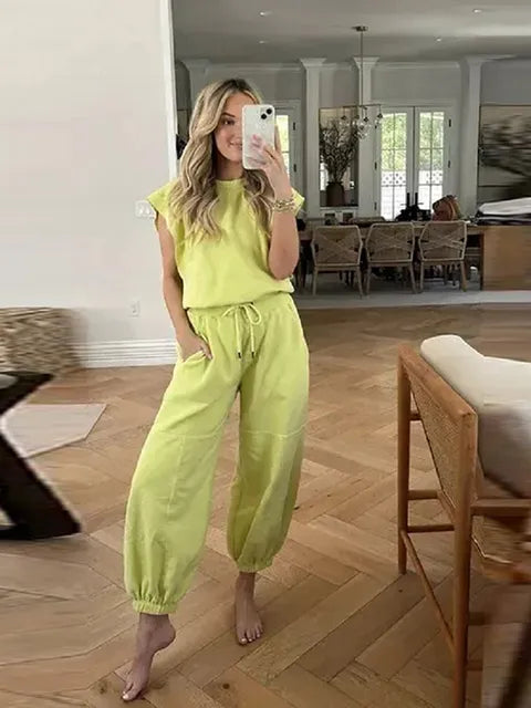 Jade - Gelbgrüner Lässiger Ärmelloser Jumpsuit