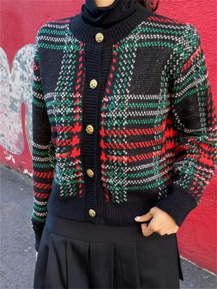 Dazai | Vintage karierter strick-cardigan für damen