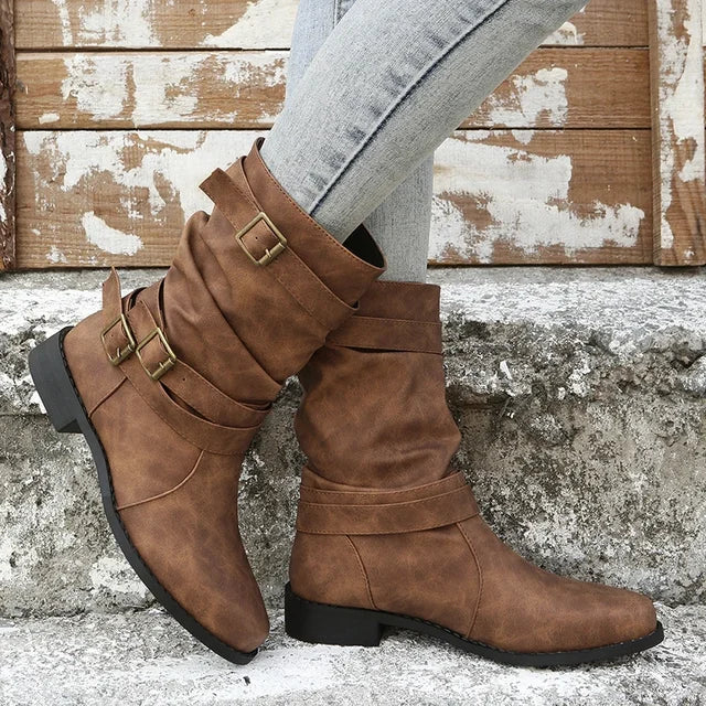 Ashley™ - Damen Kurze Cowboy Stiefel mit Gürtelschnalle