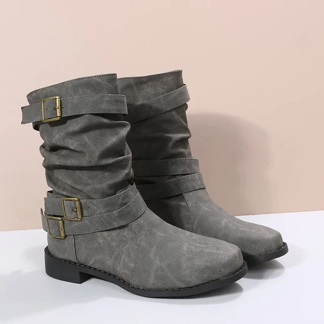 Ashley™ - Damen Kurze Cowboy Stiefel mit Gürtelschnalle