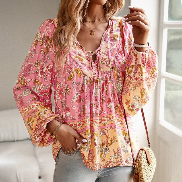 Lila Boho Blumenbluse - Abegail