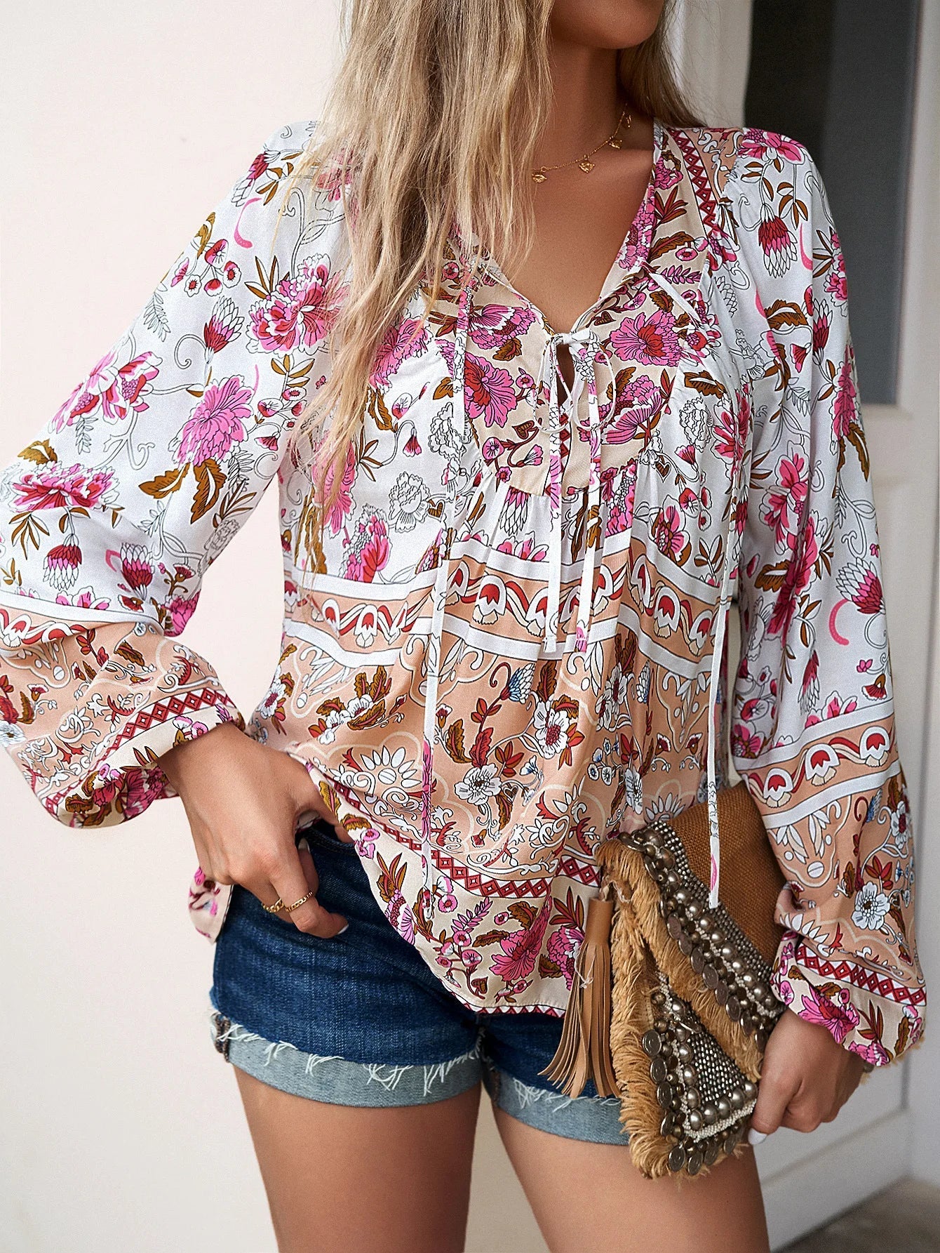 Lila Boho Blumenbluse - Abegail