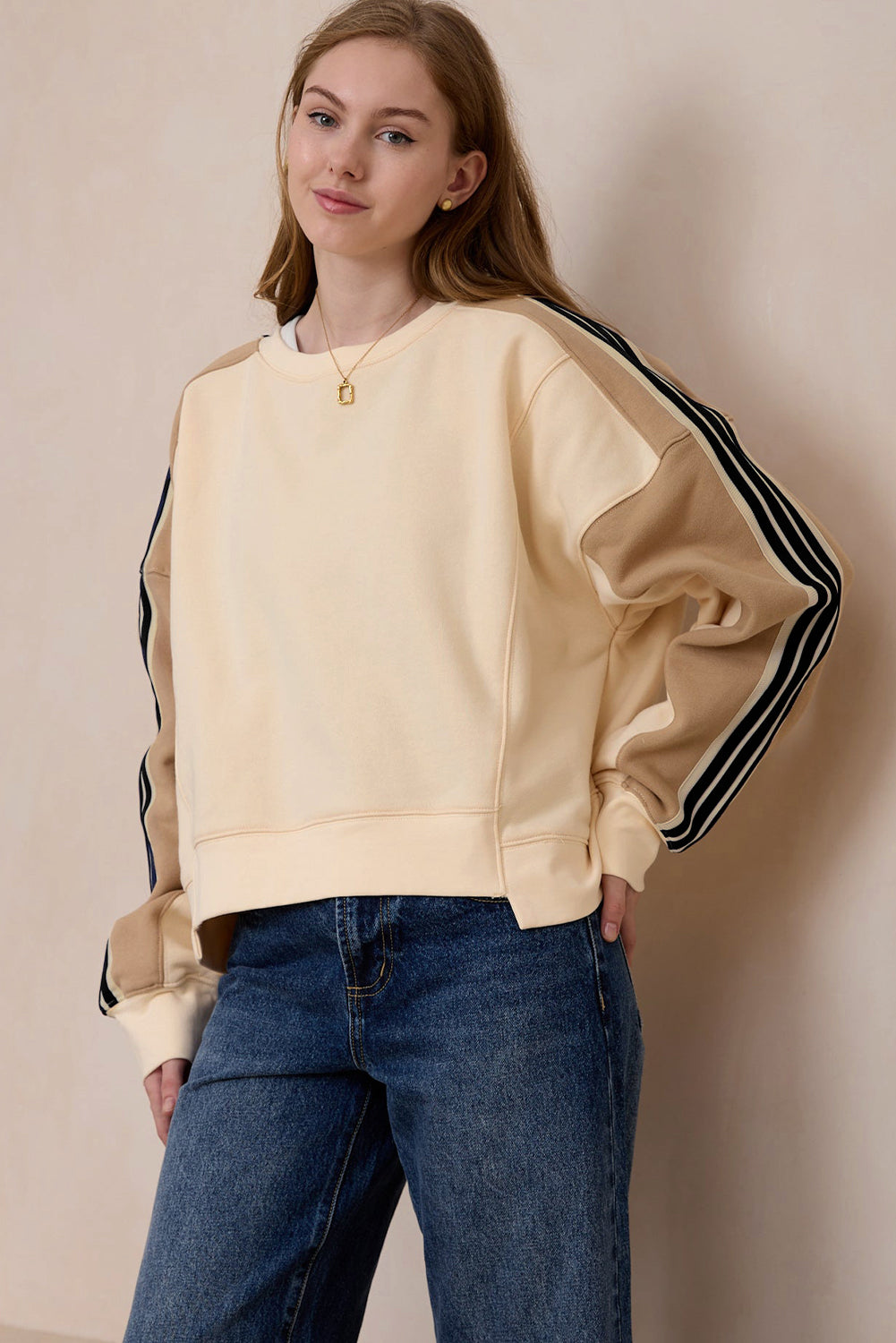 Beigefarbenes Sweatshirt mit Streifen-Patchwork Für Frauen