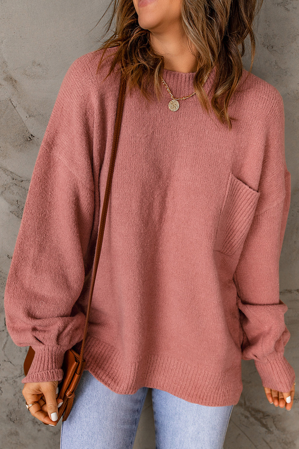 Unifarbener Pullover Mit Puffärmeln Und Taschen Für Frauen