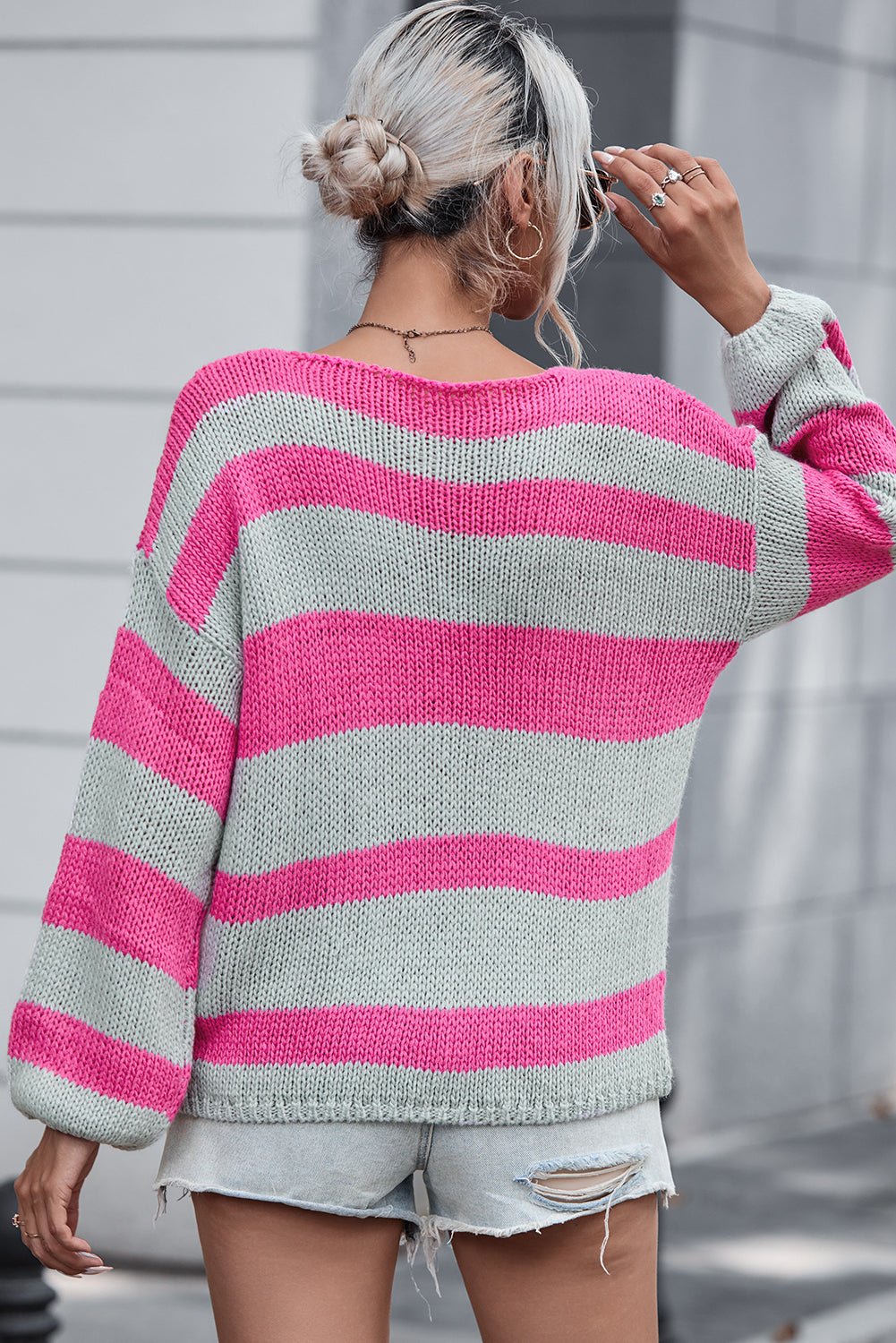 Rosa Strickpullover mit Streifen und V-Ausschnitt Für Frauen