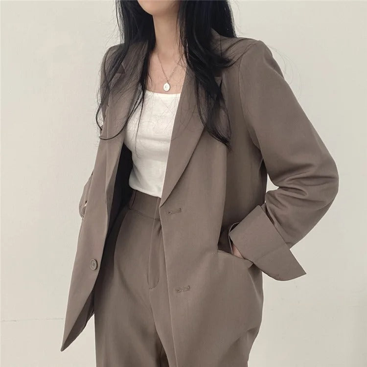 Einfarbiges Blazer- und Gerade geschnittenes Hose-Set für Damen