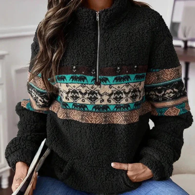 Schicker Schwarzer Pullover Mit Aztekenmuster Für Herbststil Für Frauen