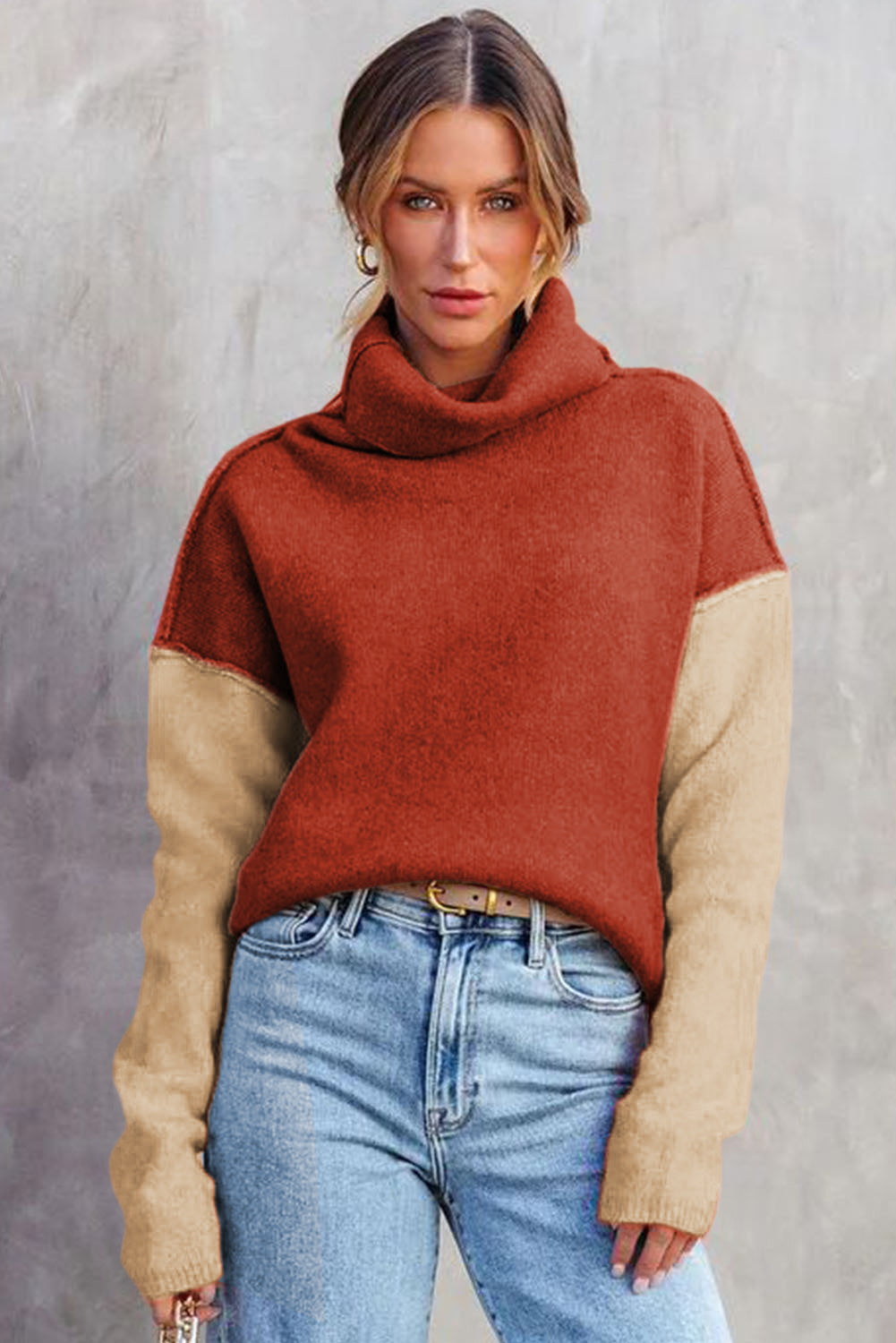 Terrakottafarbener Colorblock-Strickrollkragenpullover Für Frauen