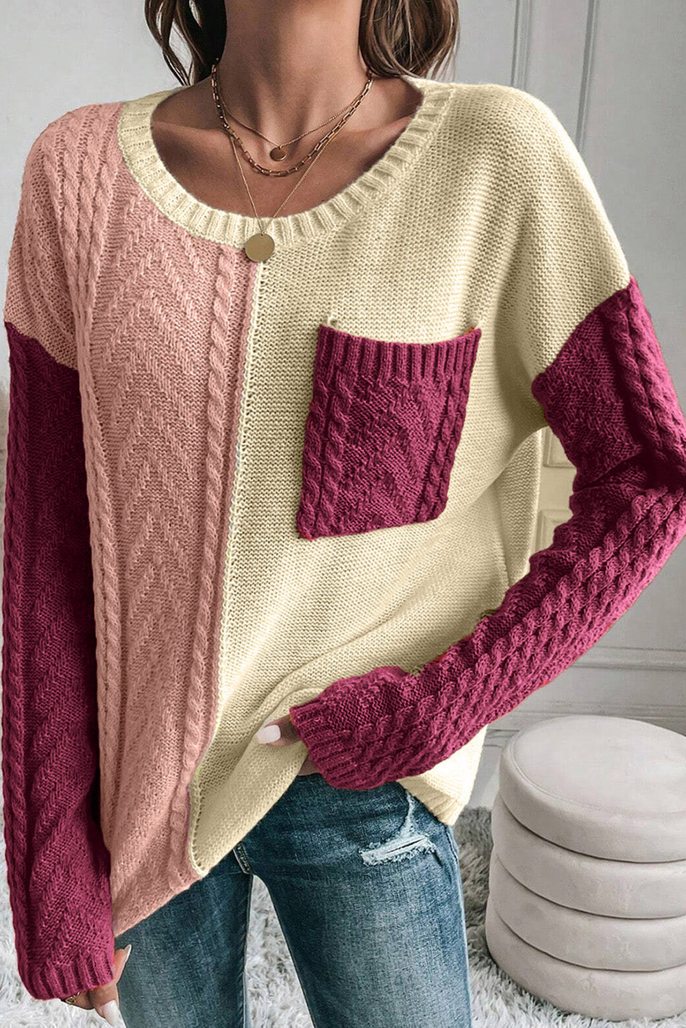 Roséfarbener Colorblock-Pullover Mit Tiefen Schultern Für Frauen