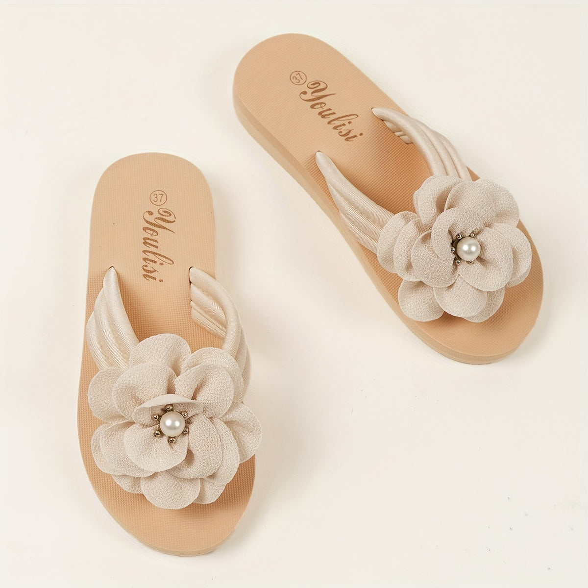 Beige Blumen Flip-Flops - Fleur