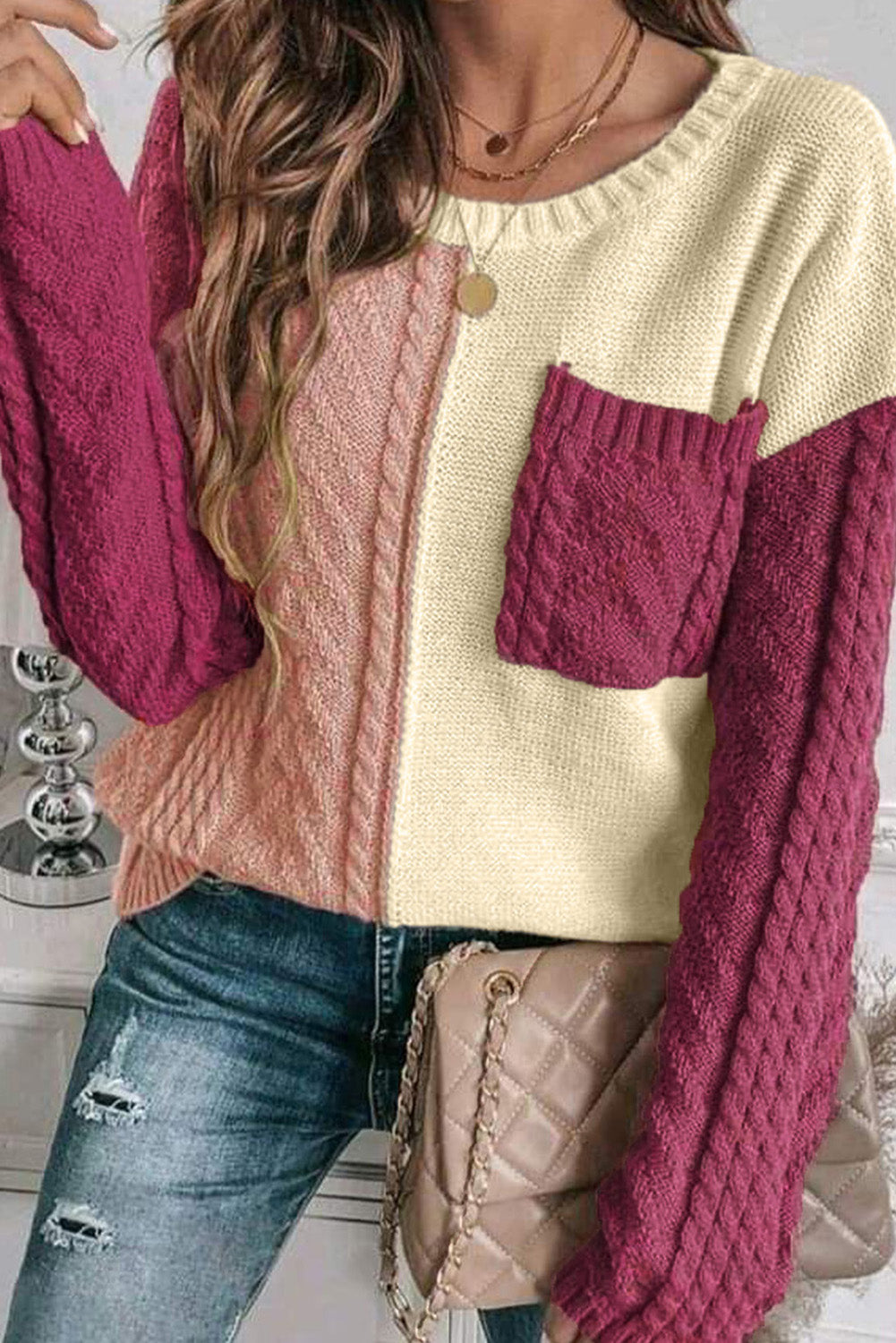 Roséfarbener Colorblock-Pullover Mit Tiefen Schultern Für Frauen