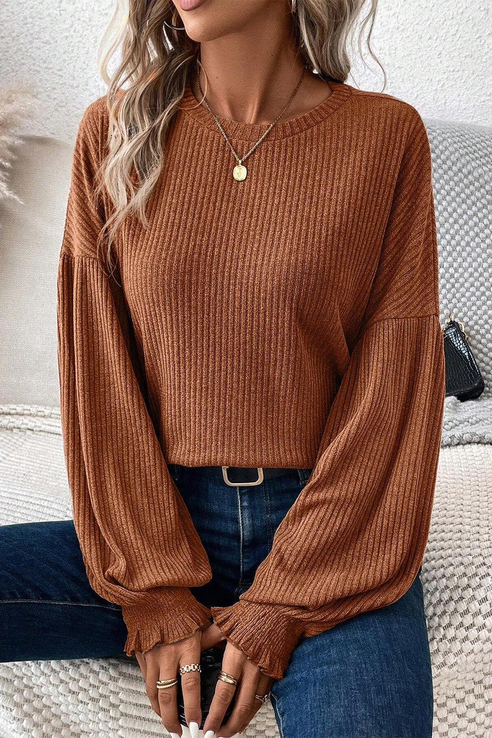 Eleganter Gerippter Strickpullover Für Frauen