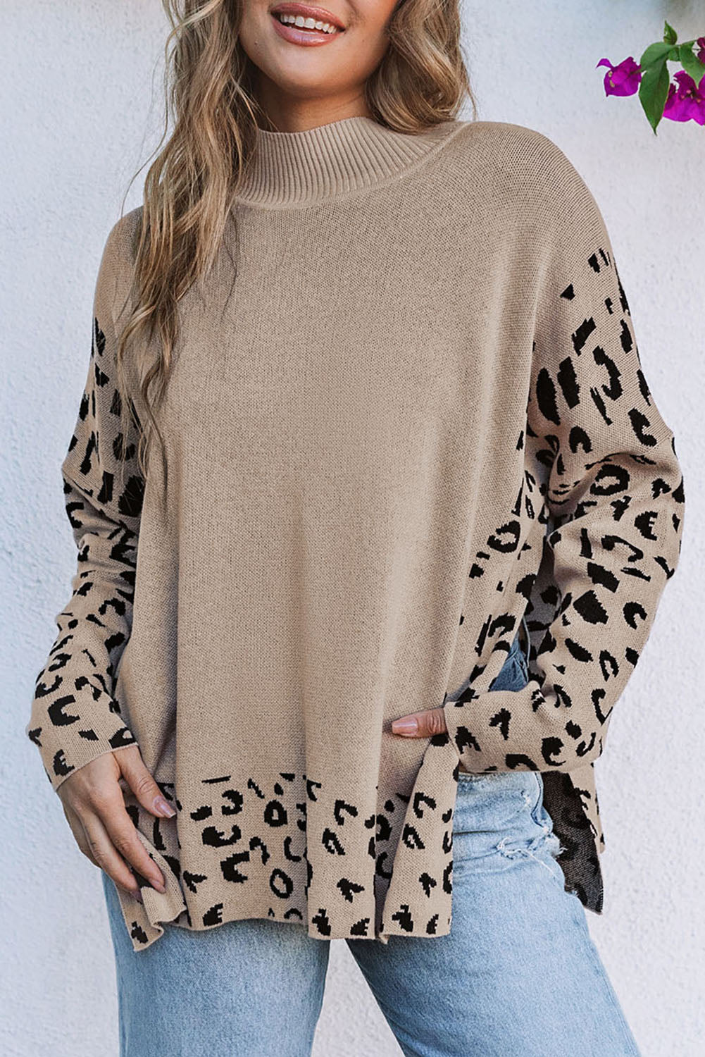 Khaki Leoparden-Print-Pullover Mit Seitenschlitzen Für Frauen