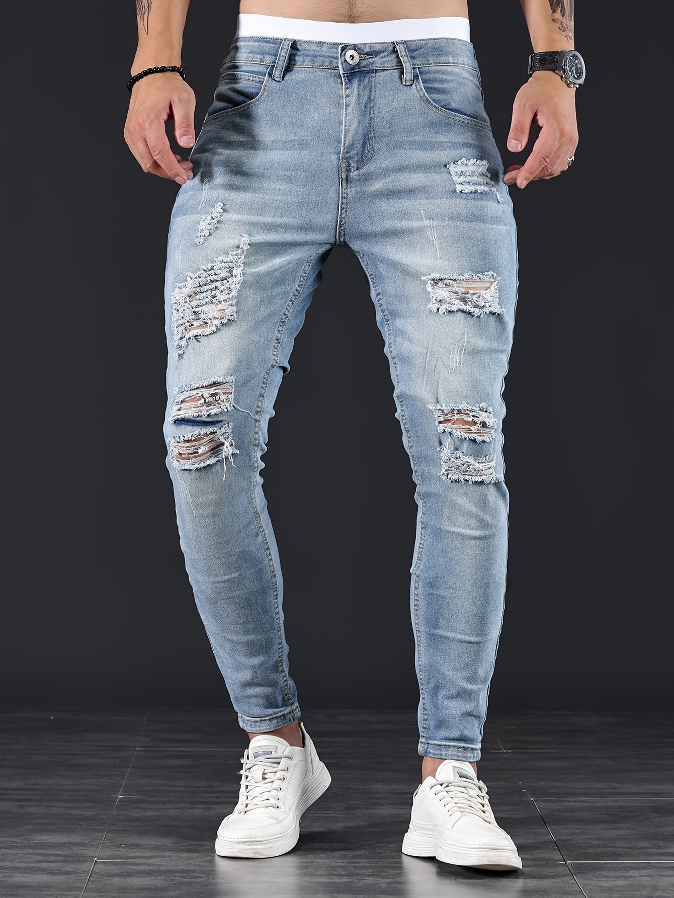 Slim Fit Zerrissene Jeans Hellblau - Alex