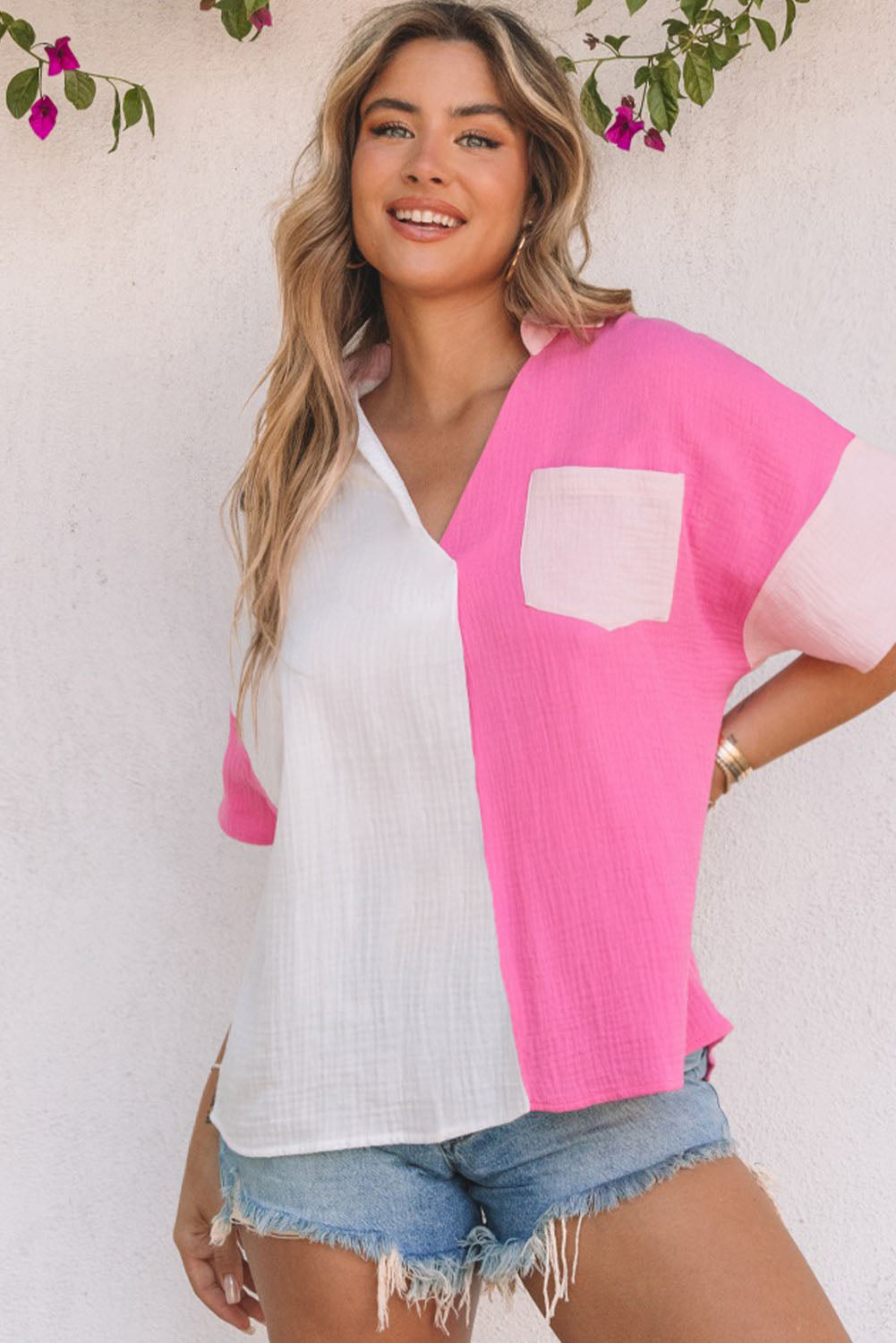 Pinkes Poloshirt mit Kragen und Colorblock-Design Für Frauen