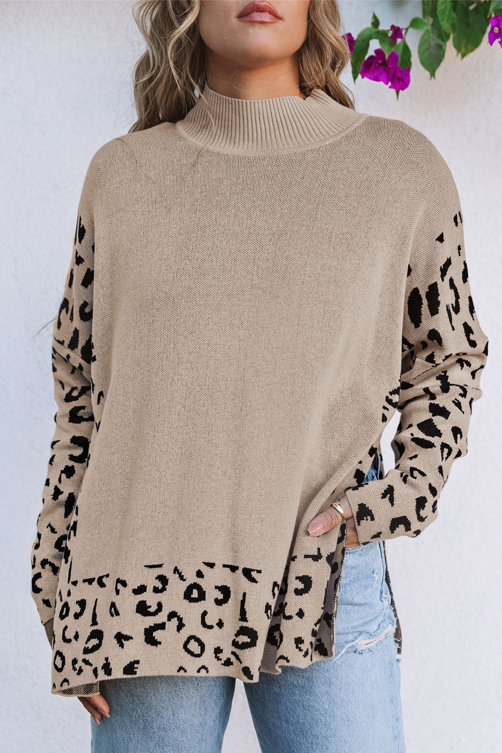 Khaki Leoparden-Print-Pullover Mit Seitenschlitzen Für Frauen