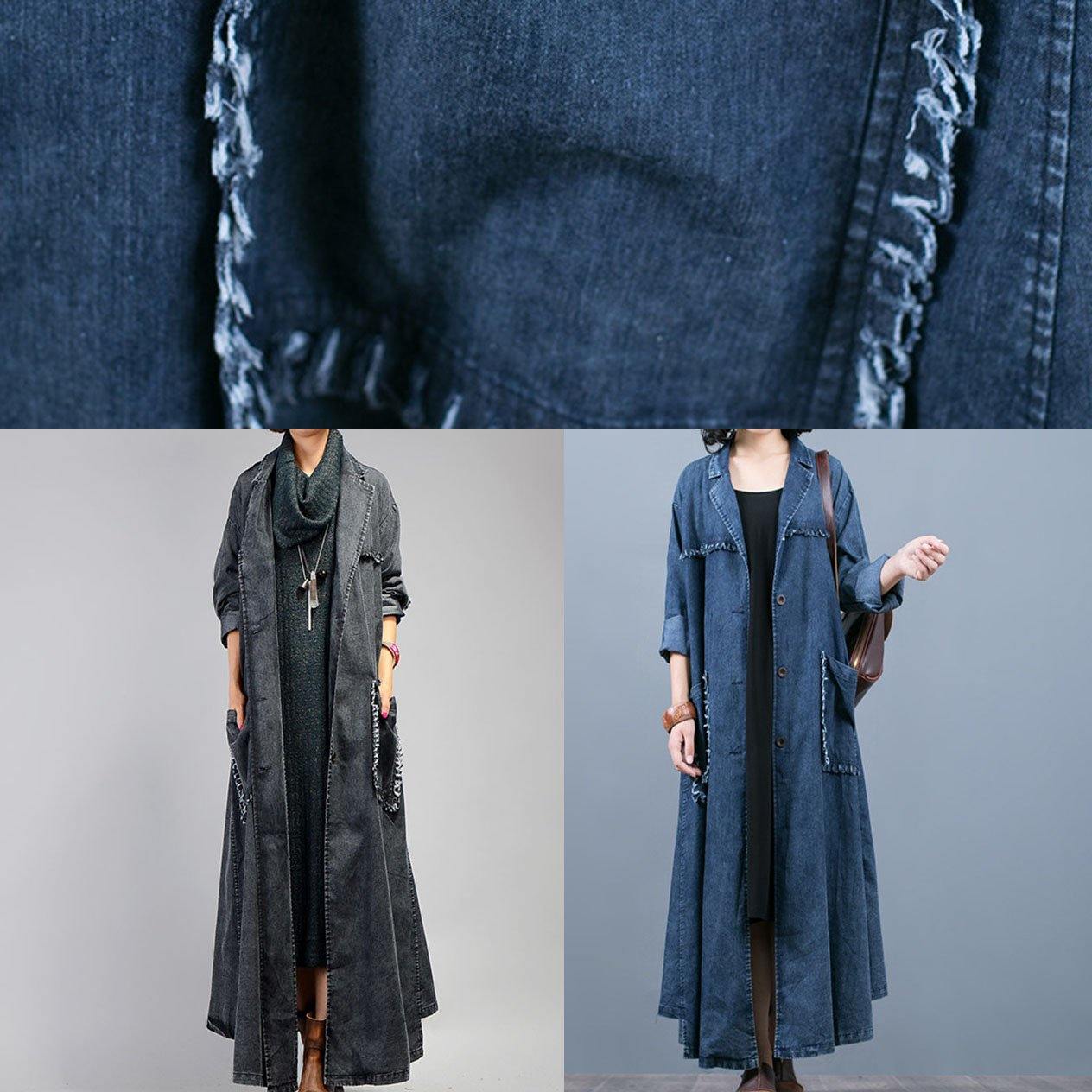 Corvella | Luxus-Denim Oversize-Mantel Notched Große Taschen Mäntel