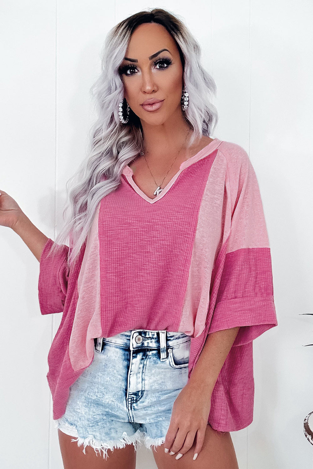 Oversize-Top Mit Textur Und 3/4-Ärmeln Für Frauen