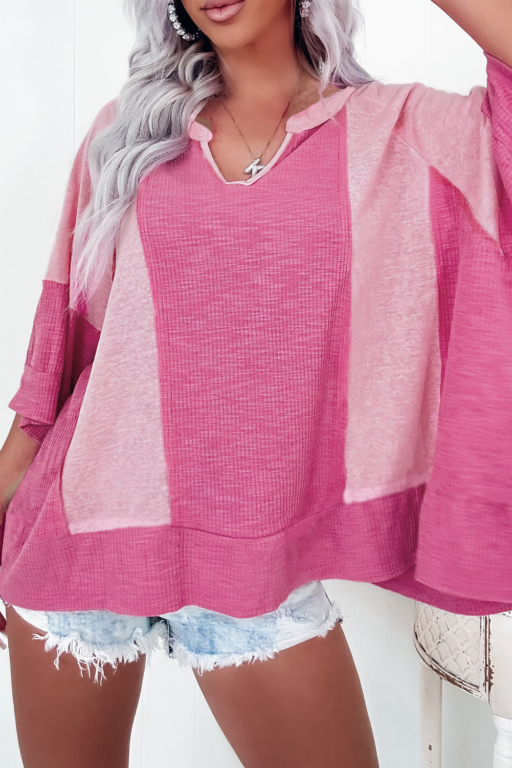 Oversize-Top Mit Textur Und 3/4-Ärmeln Für Frauen