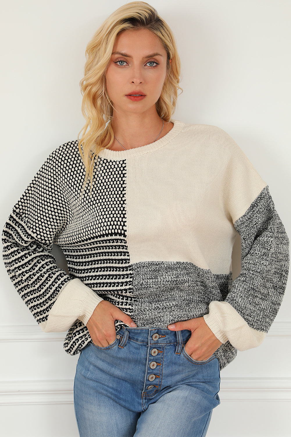 Schwarzer Colorblock-Pullover Mit Schleife Am Rücken Für Frauen