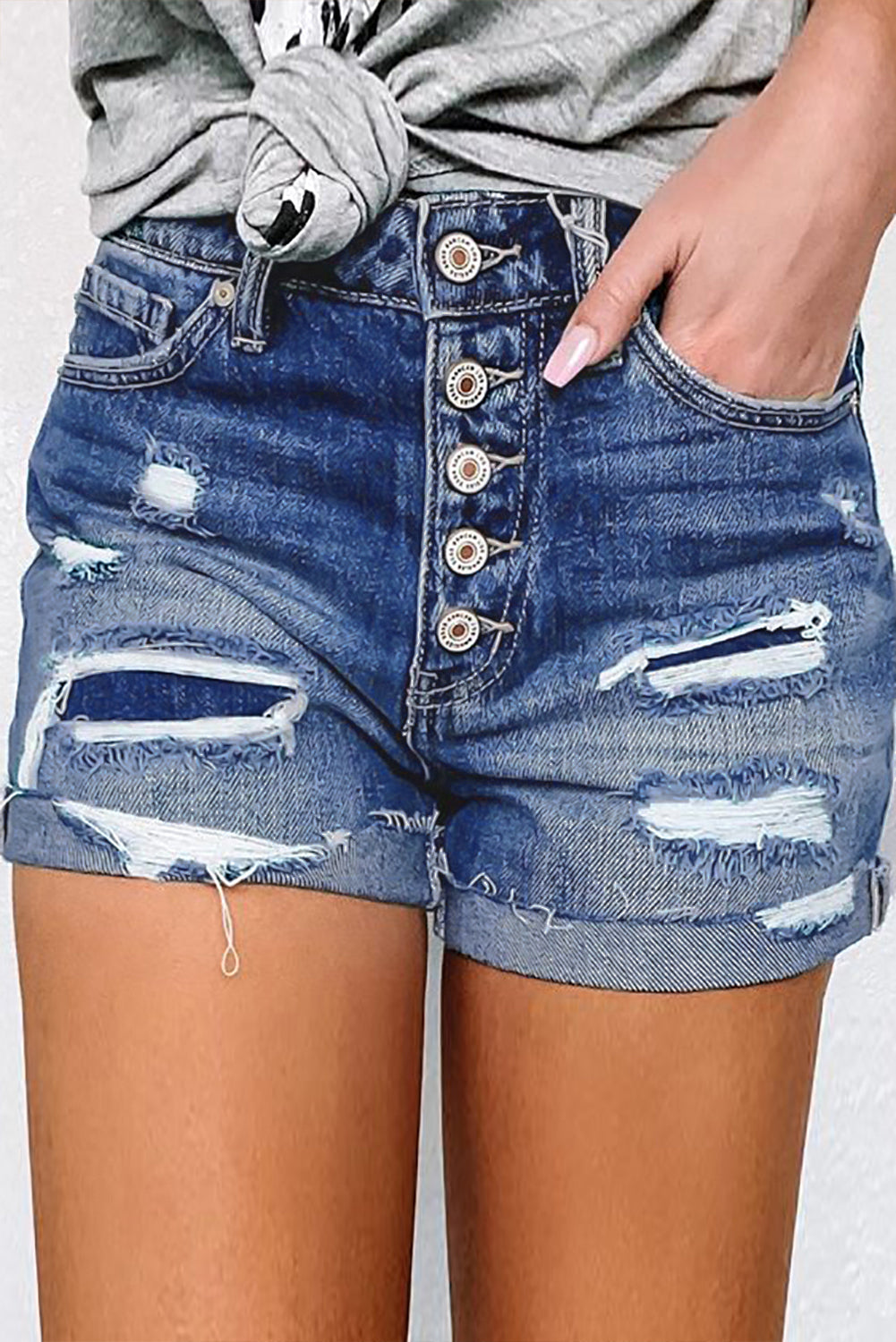 Ella - Blaue Distressed Denim Shorts mit Knopfverschluss