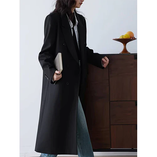 Ingeborg | Damen Lange Trench Mantel | Schwarz