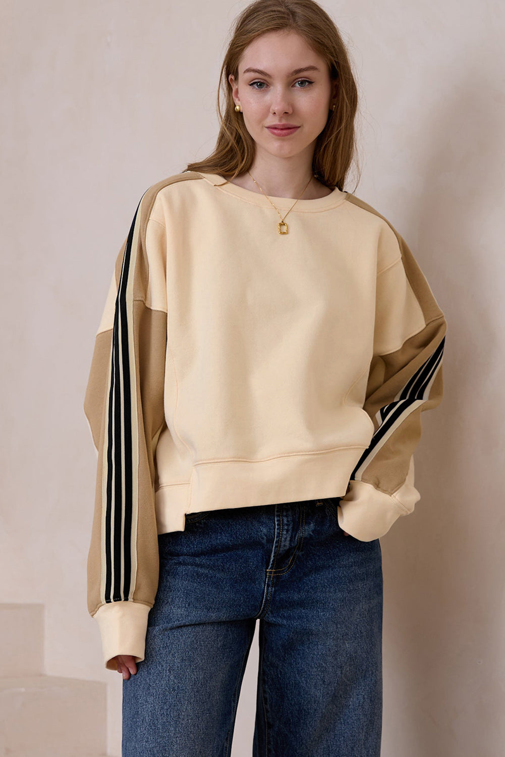 Beigefarbenes Sweatshirt mit Streifen-Patchwork Für Frauen