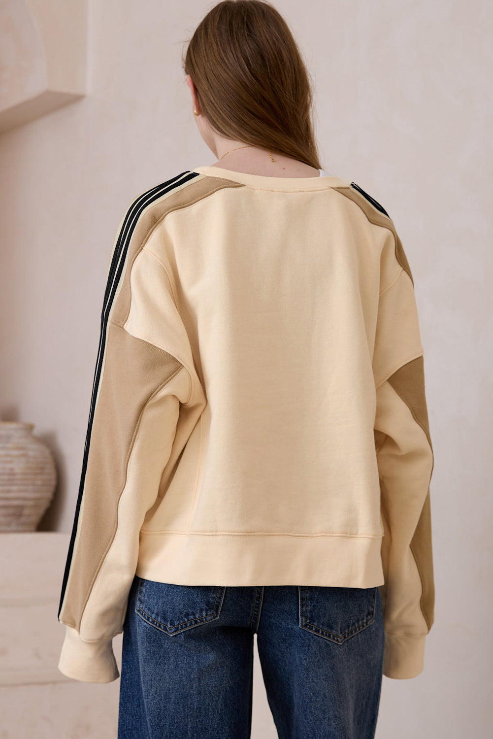 Beigefarbenes Sweatshirt mit Streifen-Patchwork Für Frauen