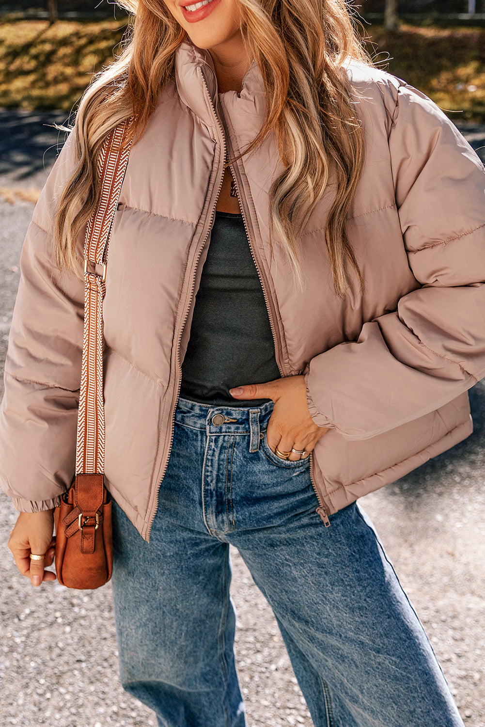 Elegante apricot-pinke Steppjacke mit Reißverschluss Für Frauen