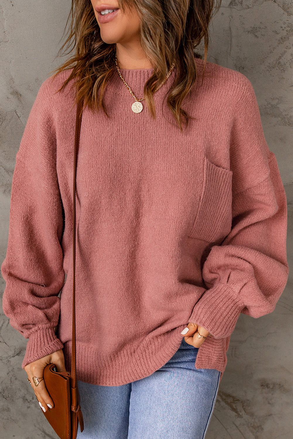 Unifarbener Pullover Mit Puffärmeln Und Taschen Für Frauen