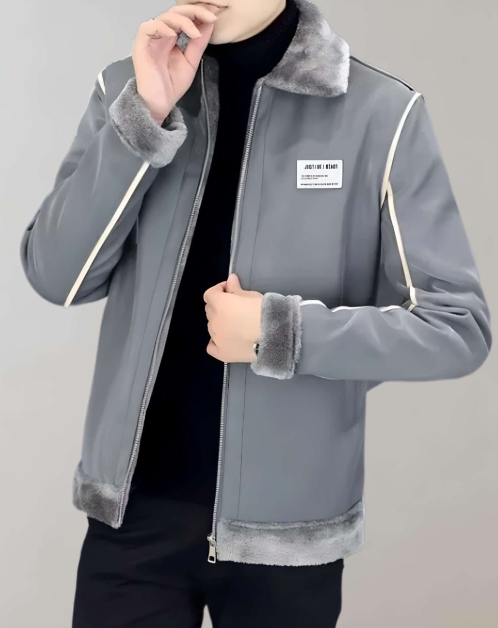 Warme Lederjacke mit Fleecefutter und Kragen für Männer