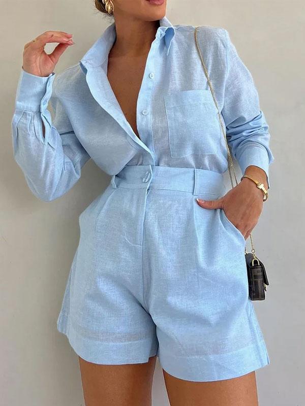 Nora - Blaue Leinenbluse und Shorts Set für Damen