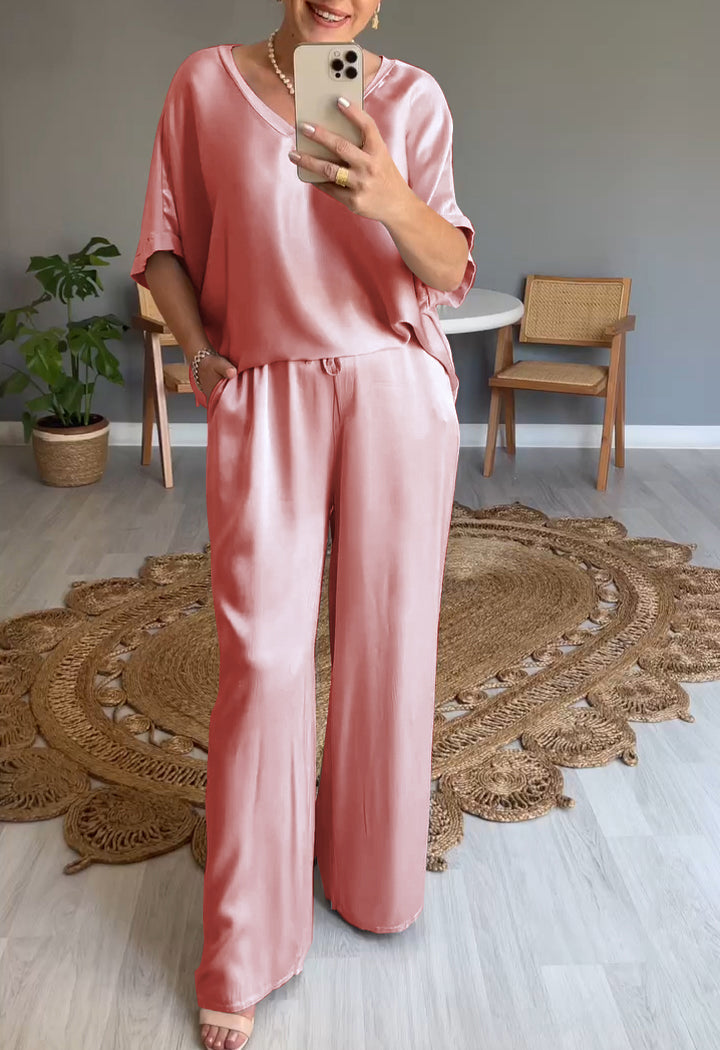 Elena - Apricot Satin V-neck Suit