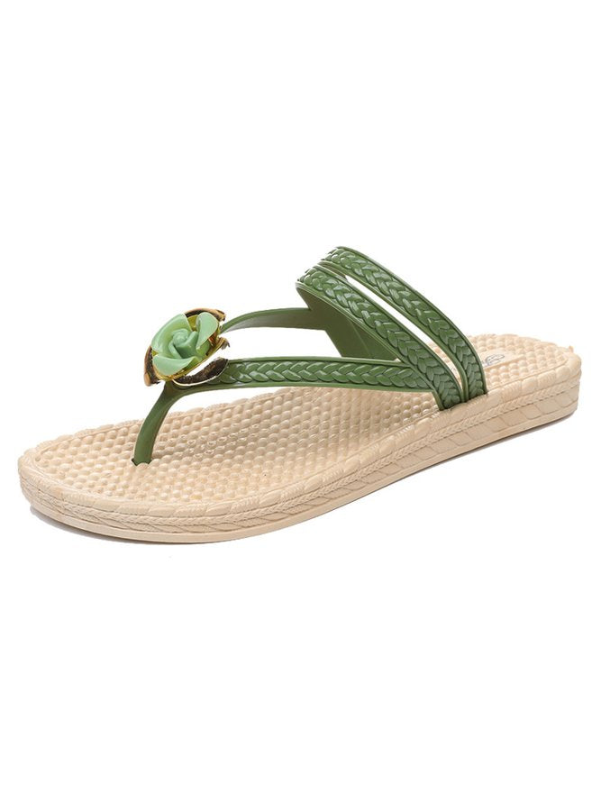 Lily - Grüne Blumenstrand-Sandalen mit geflochtenen Riemen