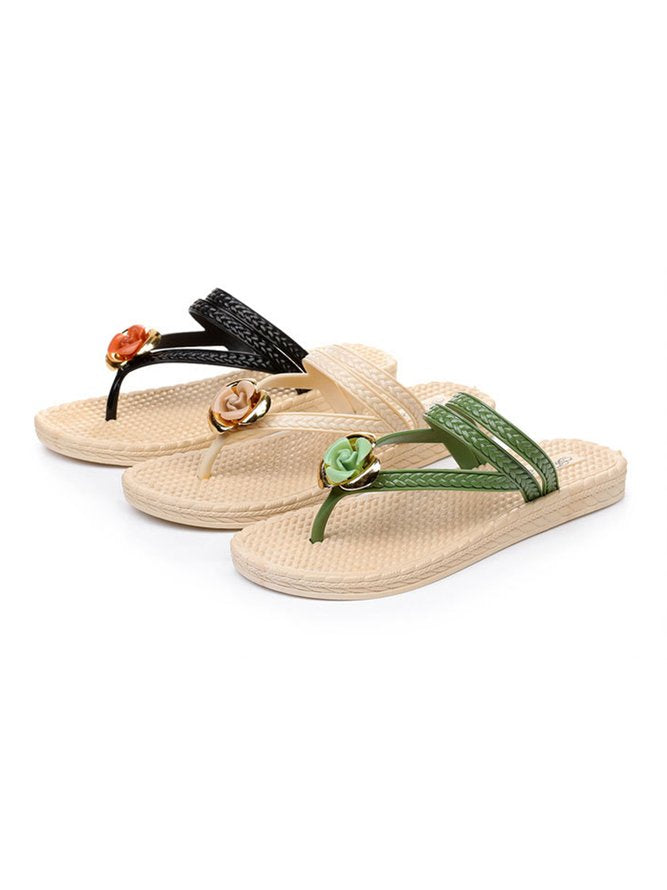 Lily - Grüne Blumenstrand-Sandalen mit geflochtenen Riemen