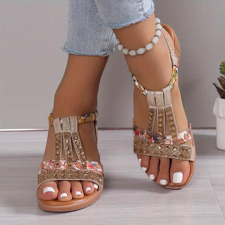 Boho-Keilabsatz-Sandalen mit geflochtenem Riemen und Strasssteinen für Frauen