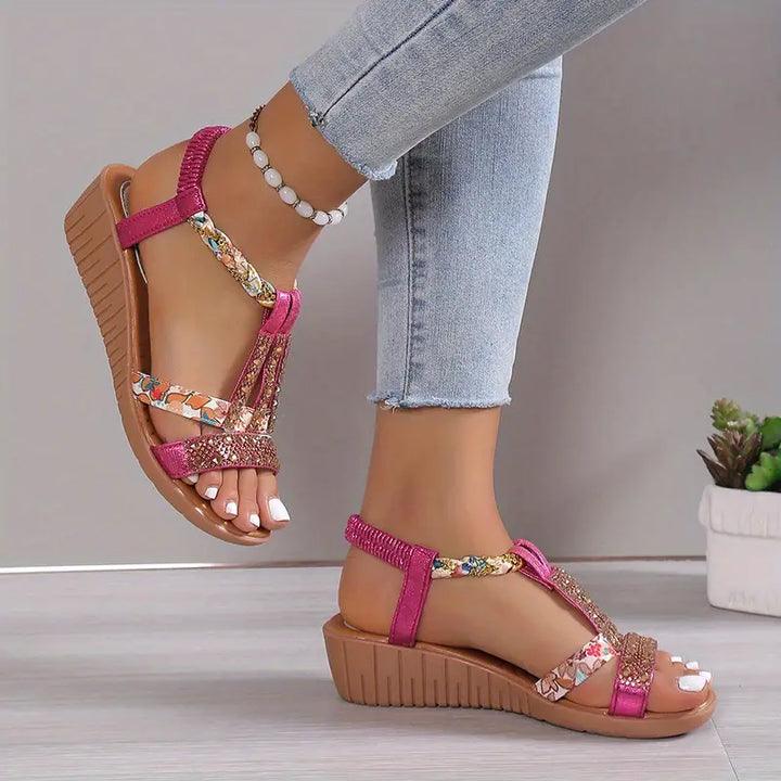 Boho-Keilabsatz-Sandalen mit geflochtenem Riemen und Strasssteinen für Frauen