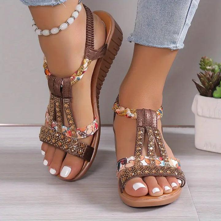 Boho-Keilabsatz-Sandalen mit geflochtenem Riemen und Strasssteinen für Frauen