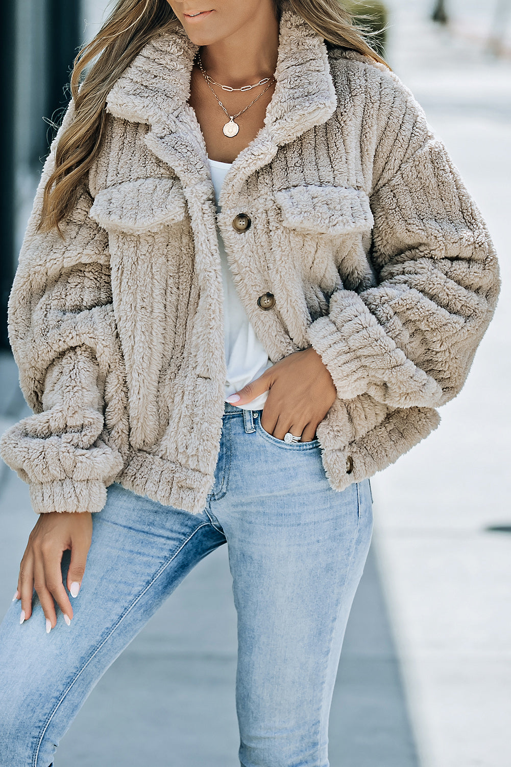 Stilvolle Plüsch-Fleece-Jacke mit Knopfverschluss Für Frauen